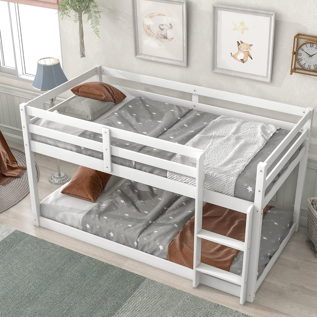 White Twin Over Twin Loft Bed Wooden Bed Frame with Safety Guardrail and Ladder B891893