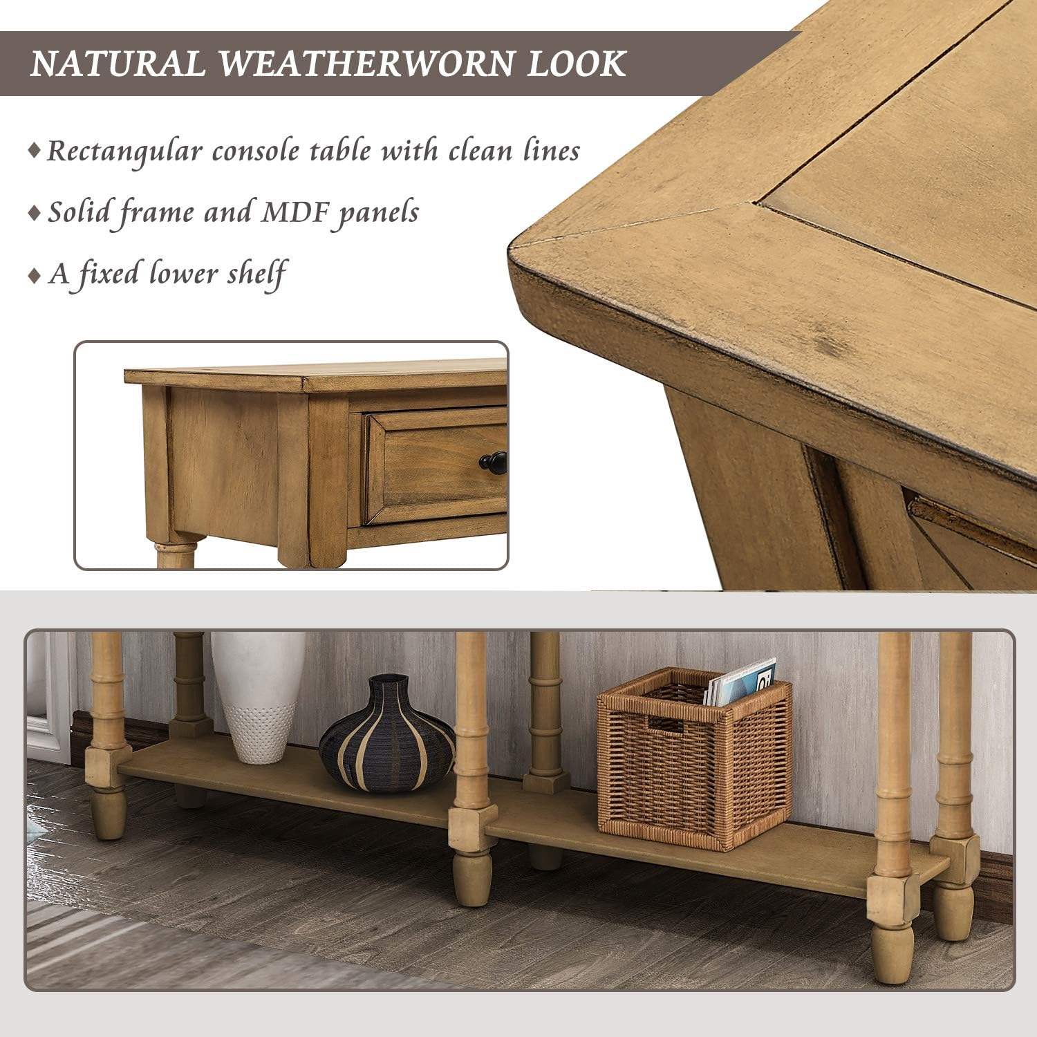 Old Pine Solid Wood Console Sofa with Two Storage Drawers and Bottom Shelf V549
