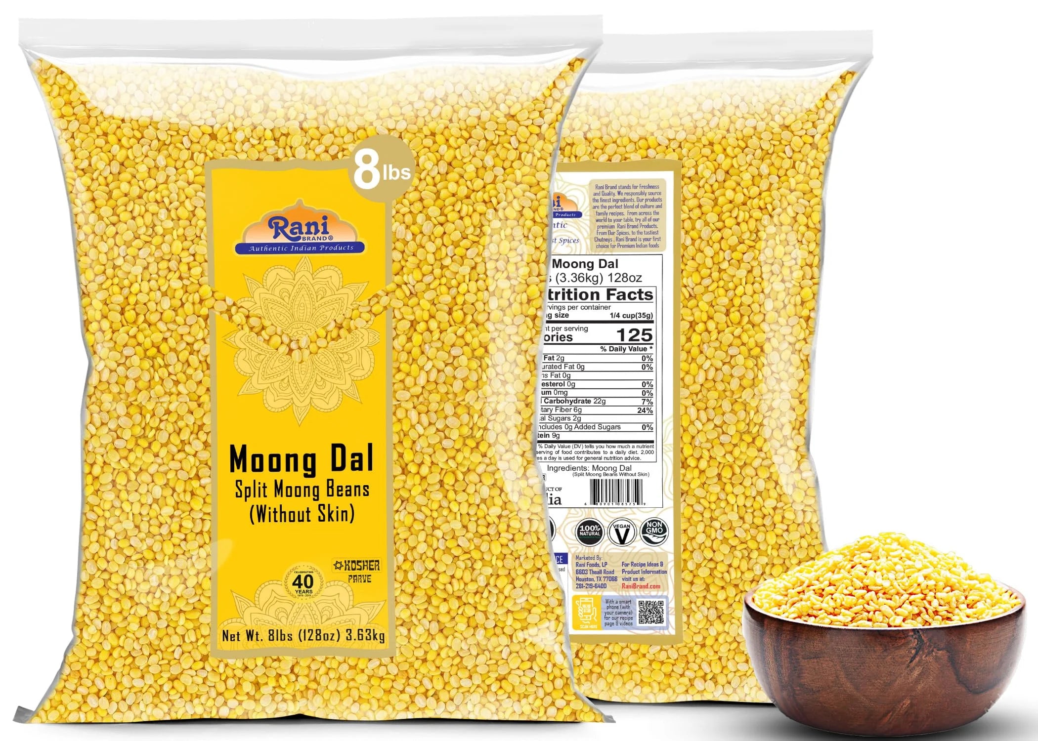 Moong Dal Split Mung Beans Without Skin Lentils 128oz 8lbs 3.63kg Bulk T135