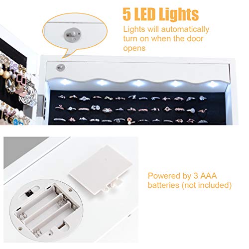 White Wall Mount Lockable Jewelry Cabinet Armoire with Full Length Mirror and 5 Lights U150870