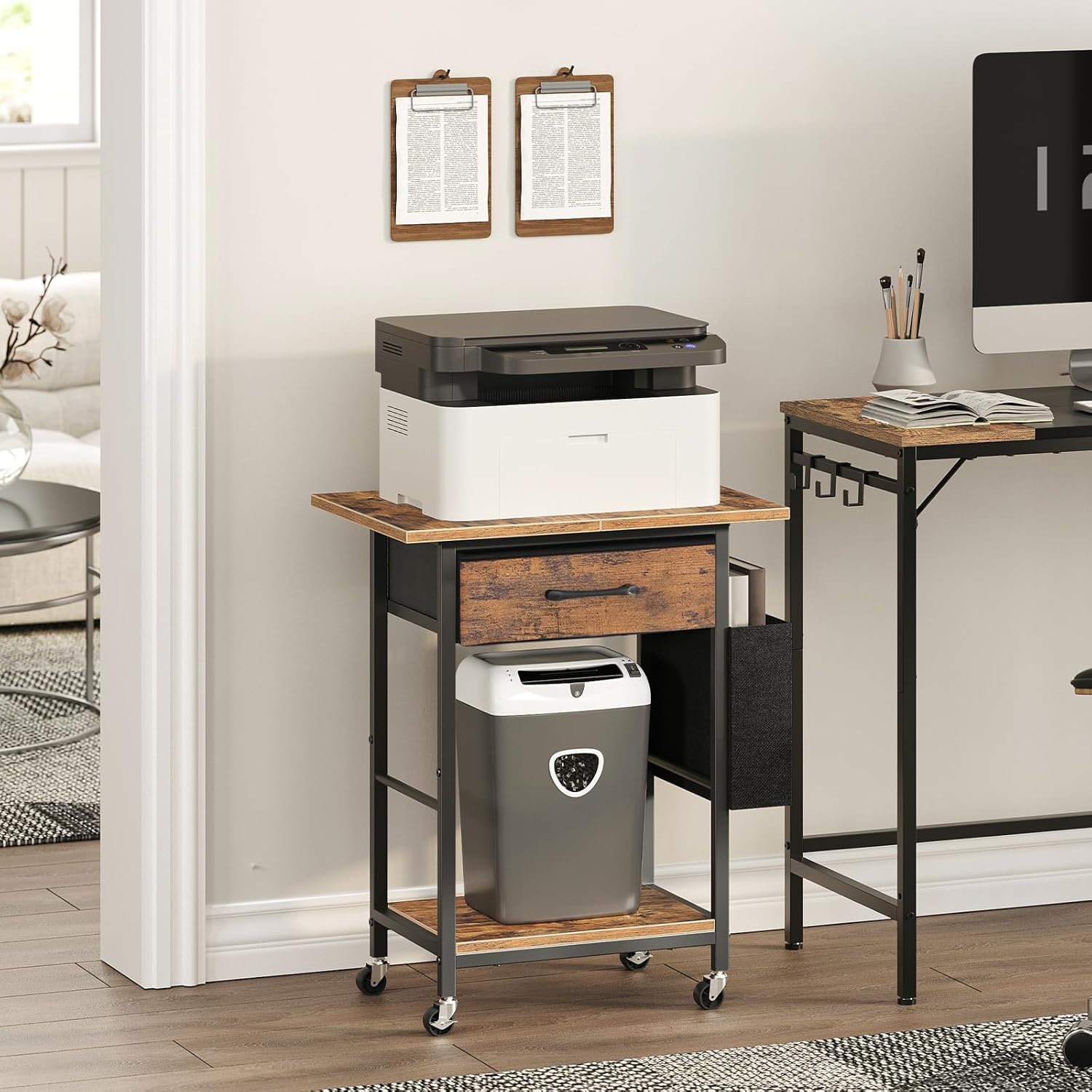 Rustic Brown Rolling Printer Cart with Storage Drawer C741