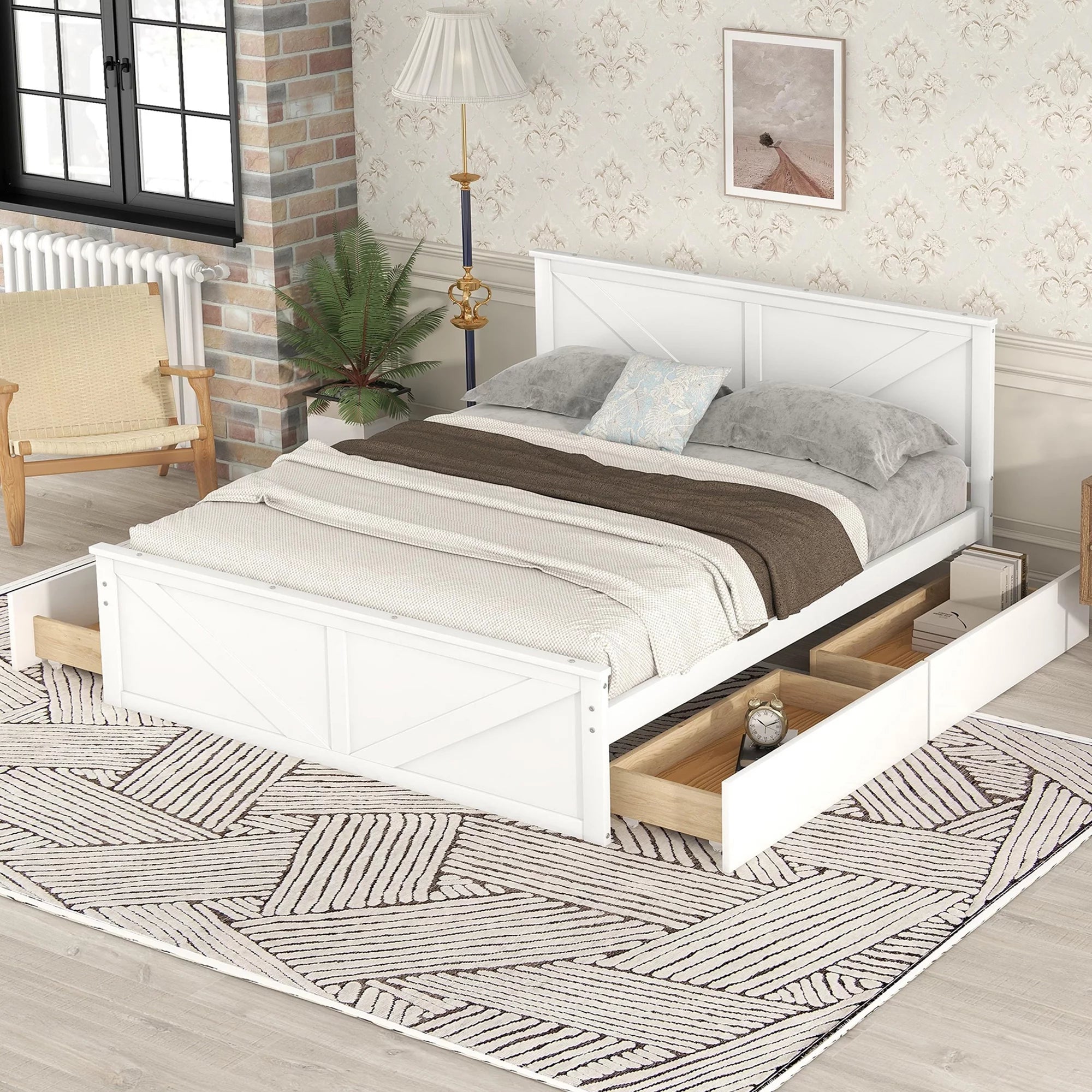 White Queen Platform Bed Frame with 4 Storage Drawers K547