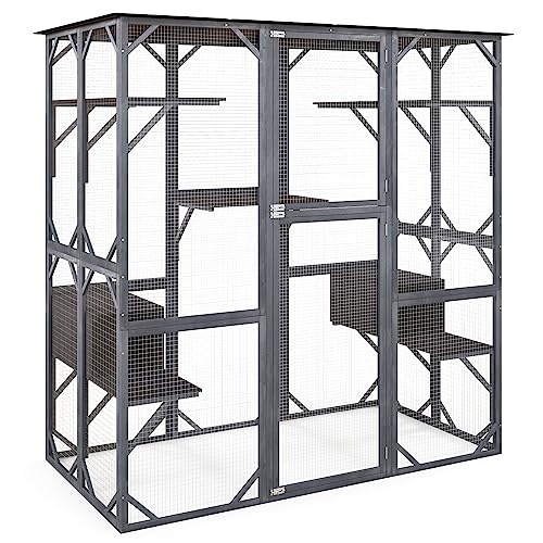 72 Inch Tall Wooden Cat Enclosure with Weatherproof Asphalt Roof R2535
