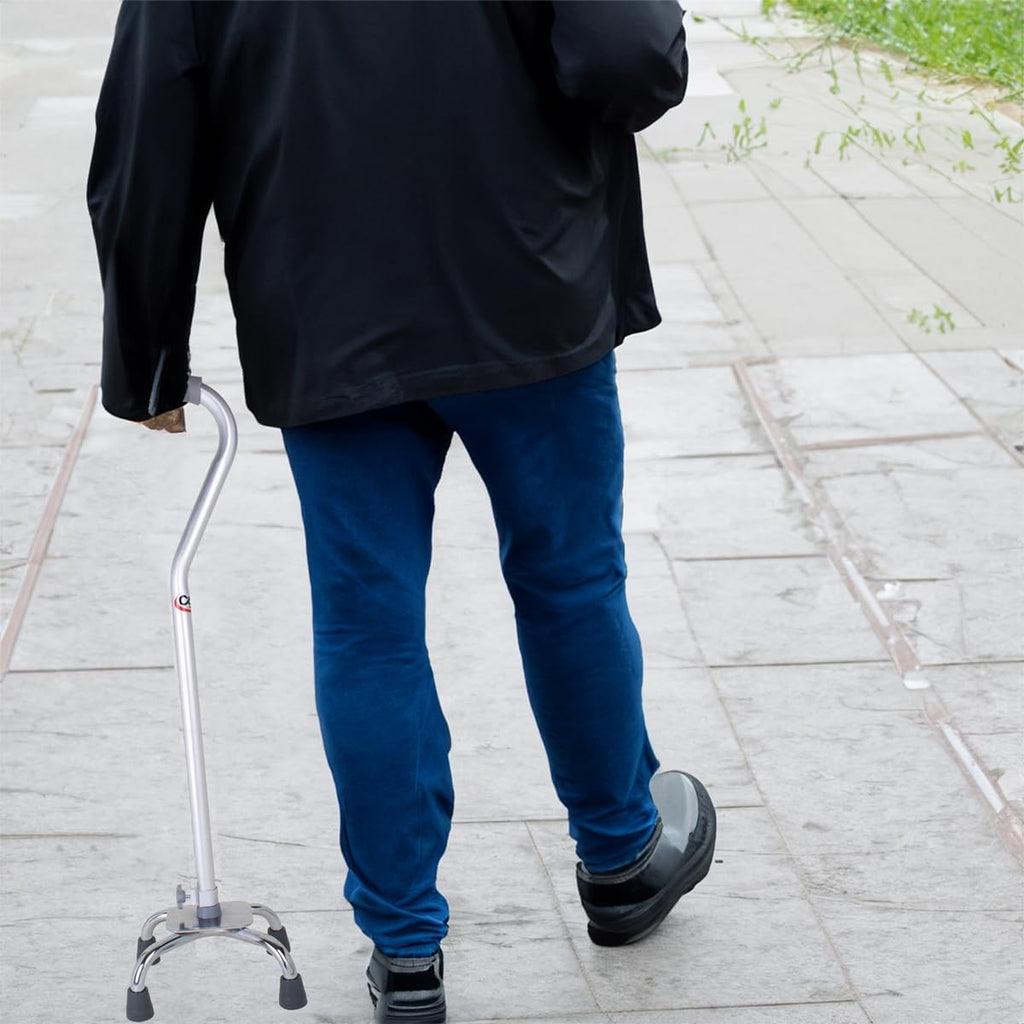 Quad Cane with Small Base, Offset Handle, Adjustable Height, Grey/Silver X55053