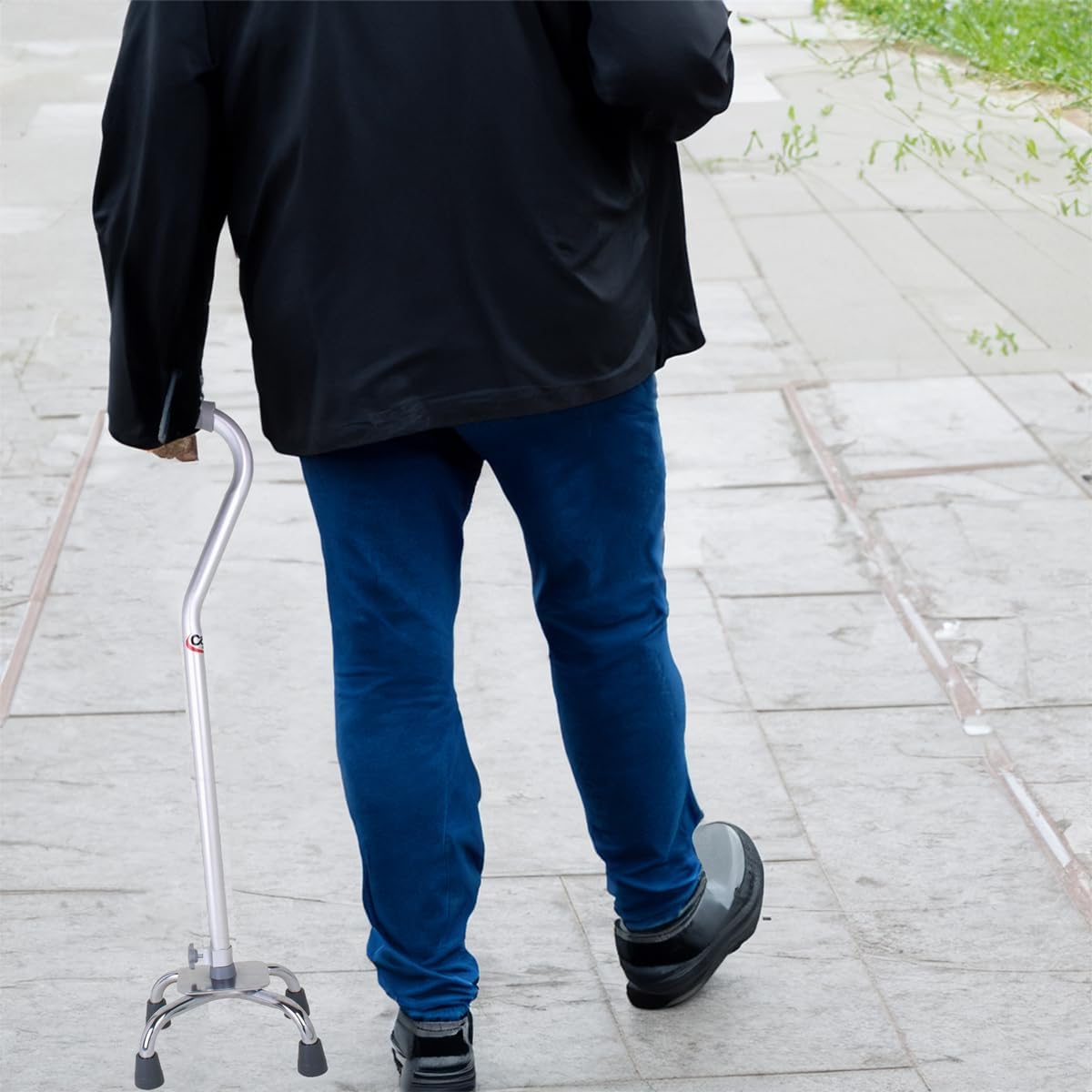 Quad Cane with Small Base, Offset Handle, Adjustable Height, Grey/Silver X55053