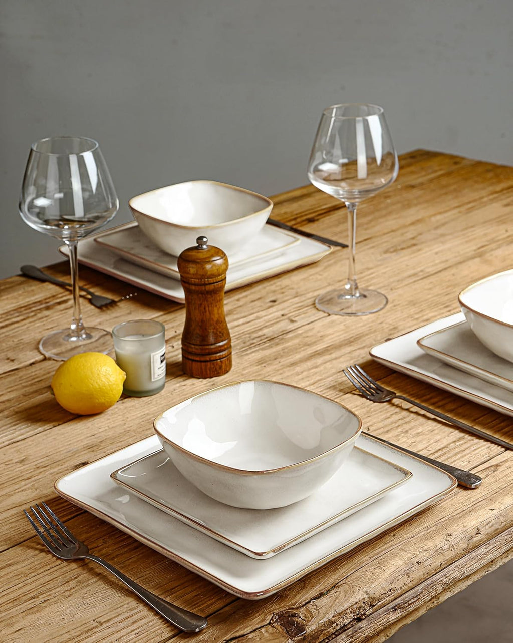 16-Piece Dinnerware Set, Square Plates and Bowls, Cappuccino White D410578