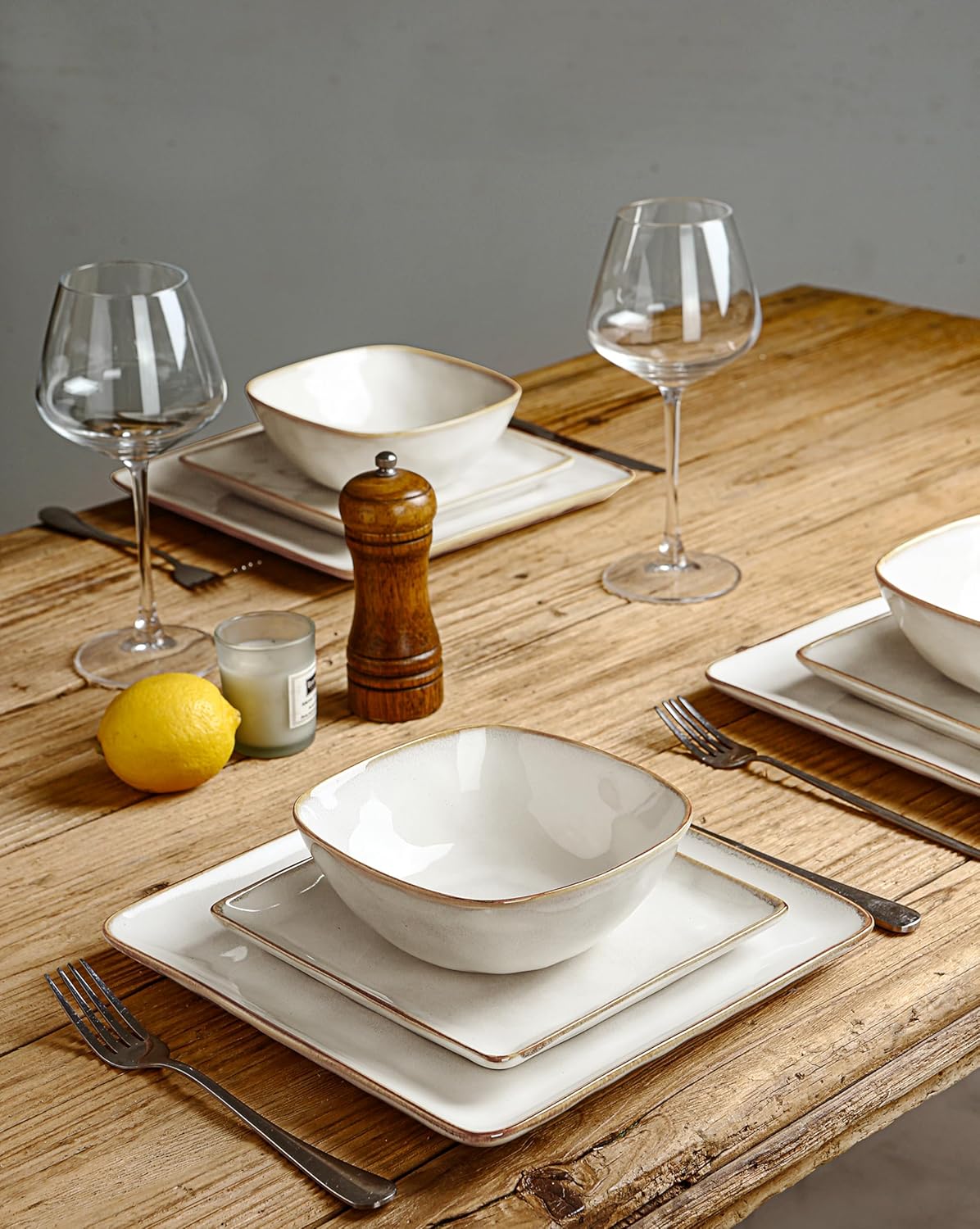 16-Piece Dinnerware Set, Square Plates and Bowls, Cappuccino White D410578