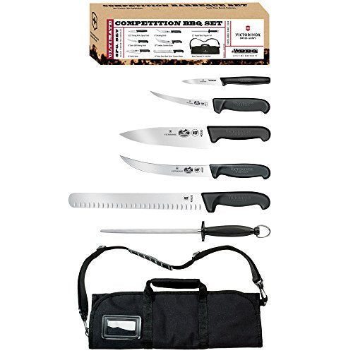 7-Piece BBQ Set with Red Fibrox Pro Handles and Knife Roll A84358