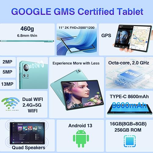 Blue 11 inch Android 13 Tablet 16GB+256GB with 1TB Expand I28522