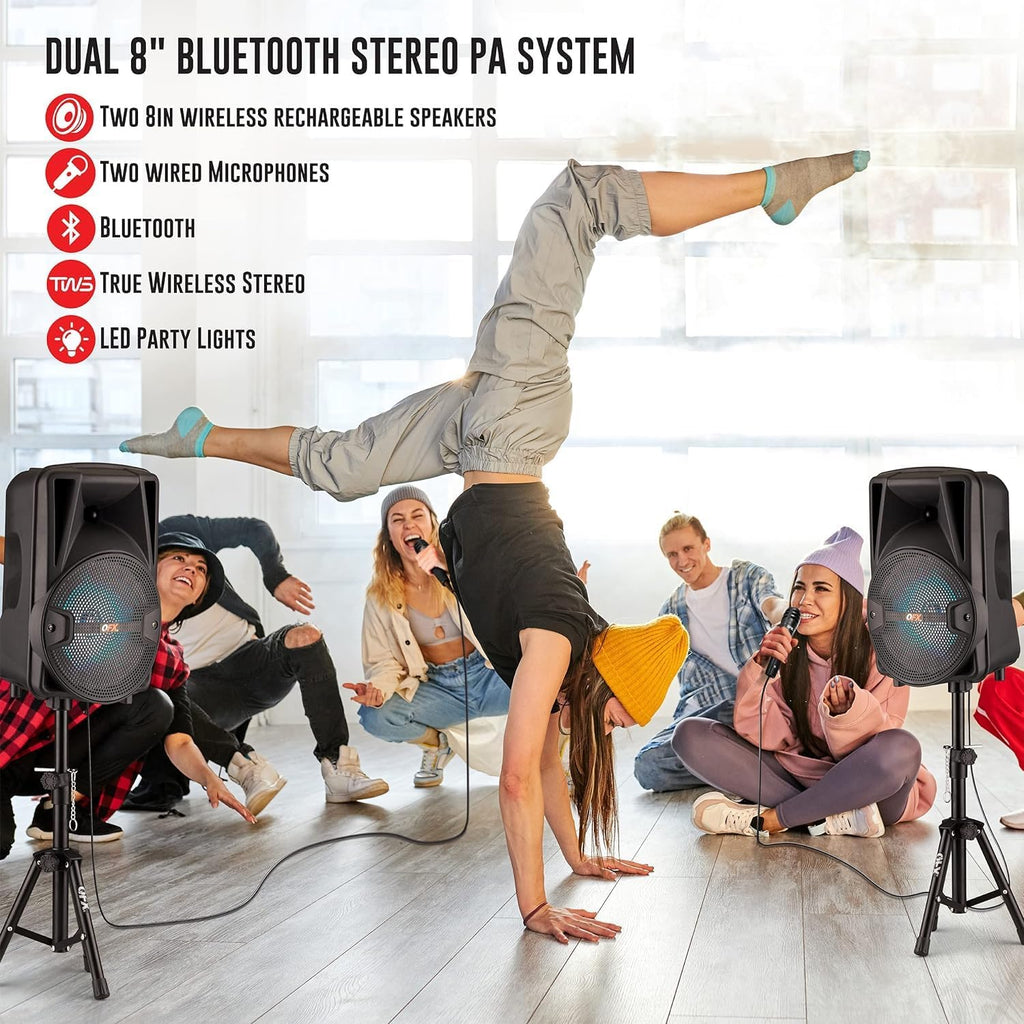 8-Inch TWS Bluetooth Stereo PA System with 2 Speakers, 2 Microphones, 2 Stands, and Remote Control V845807