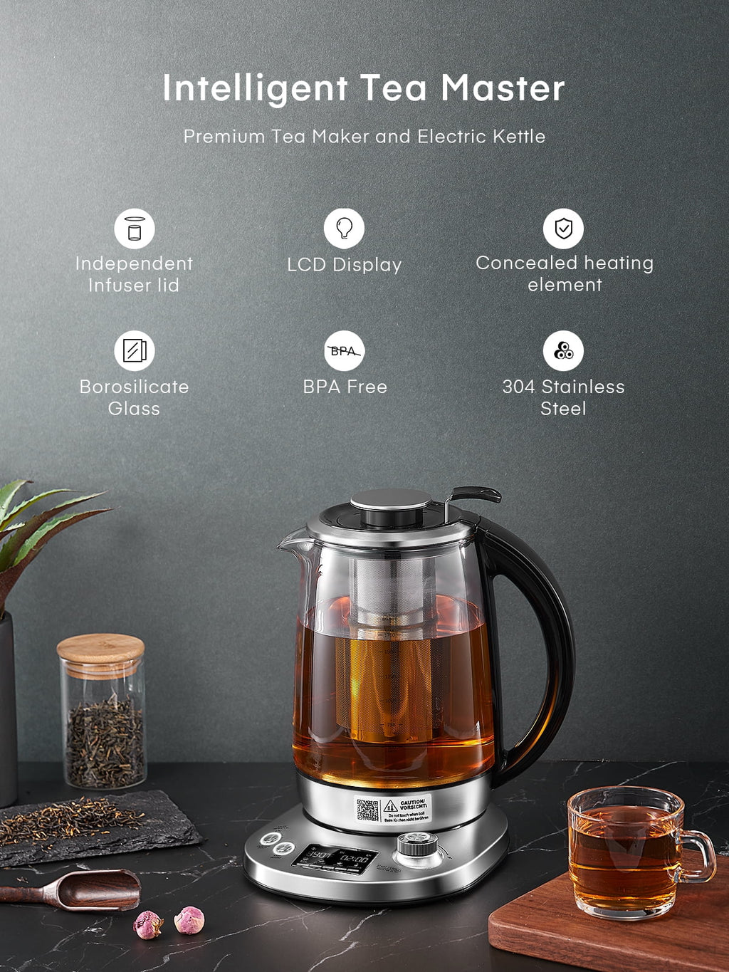Silver Stainless Steel Glass Electric Kettle with Temperature Control, 1.7L G31752