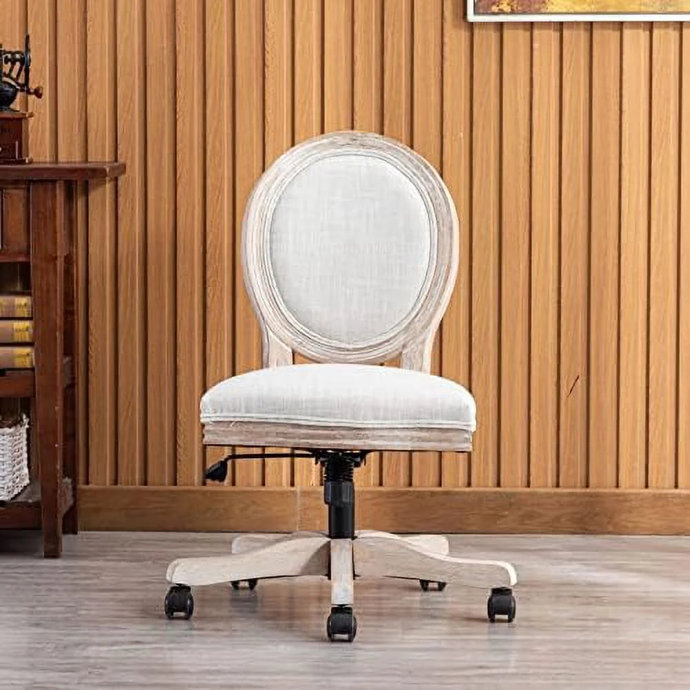 Beige Rattan Back Linen Swivel Task Chair with Wheels H8715