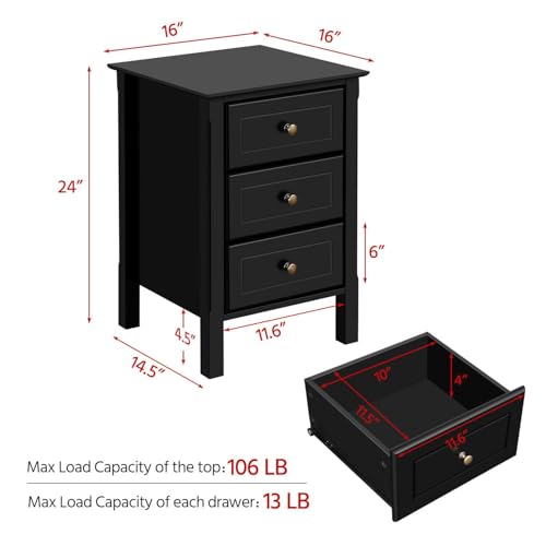 Black Bedside Table Set of 2 with 3 Drawer and Solid Wood Legs K8189