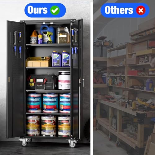 73''H Black Metal Garage Storage Cabinet with 2 Doors and 4 Adjustable Shelves Y310