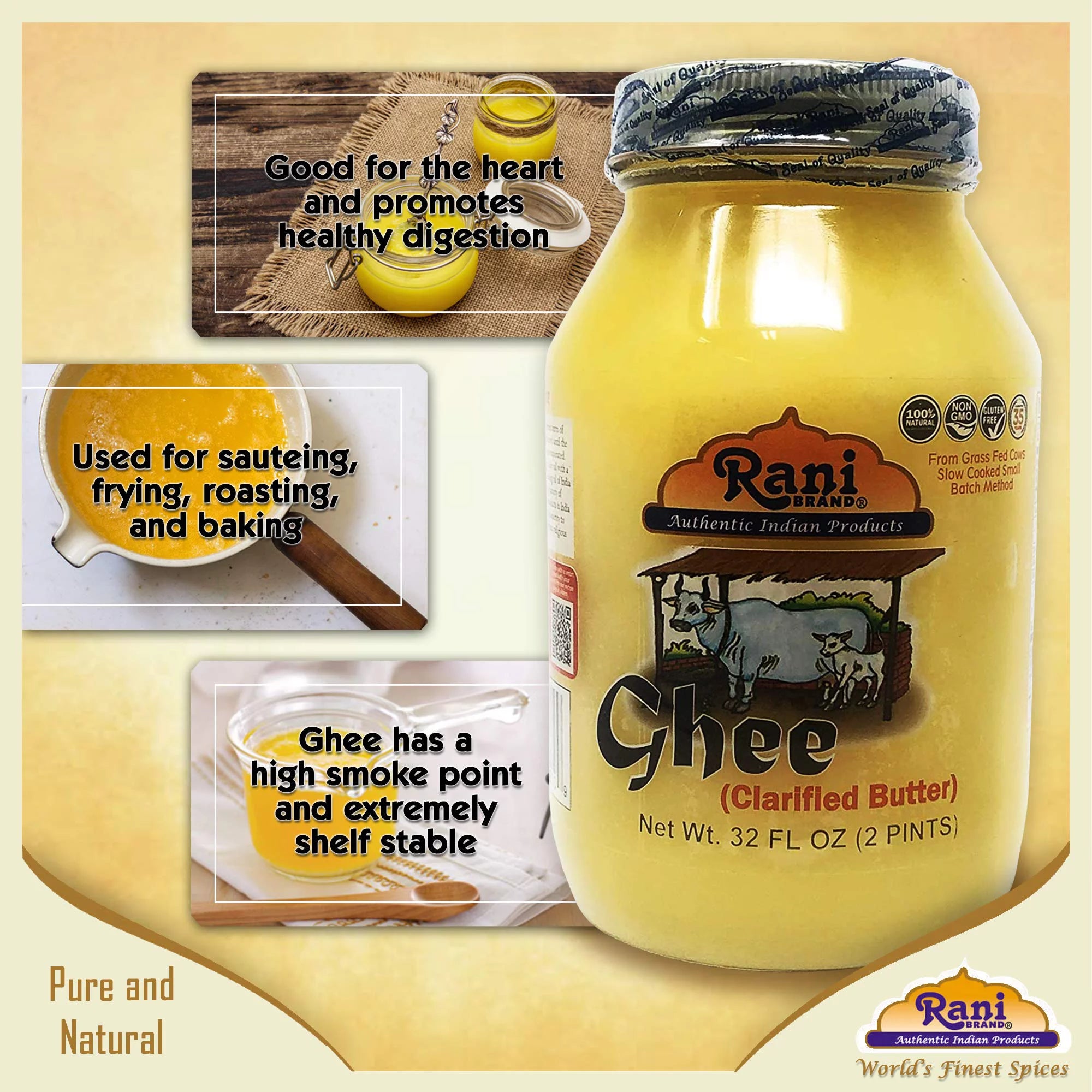Pure Ghee Clarified Butter 2lbs (32oz) Glass Jar E286