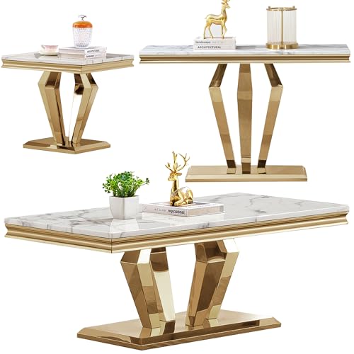 4 Piece Faux Marble Coffee Table Set with Gold Stainless Steel Base O6008