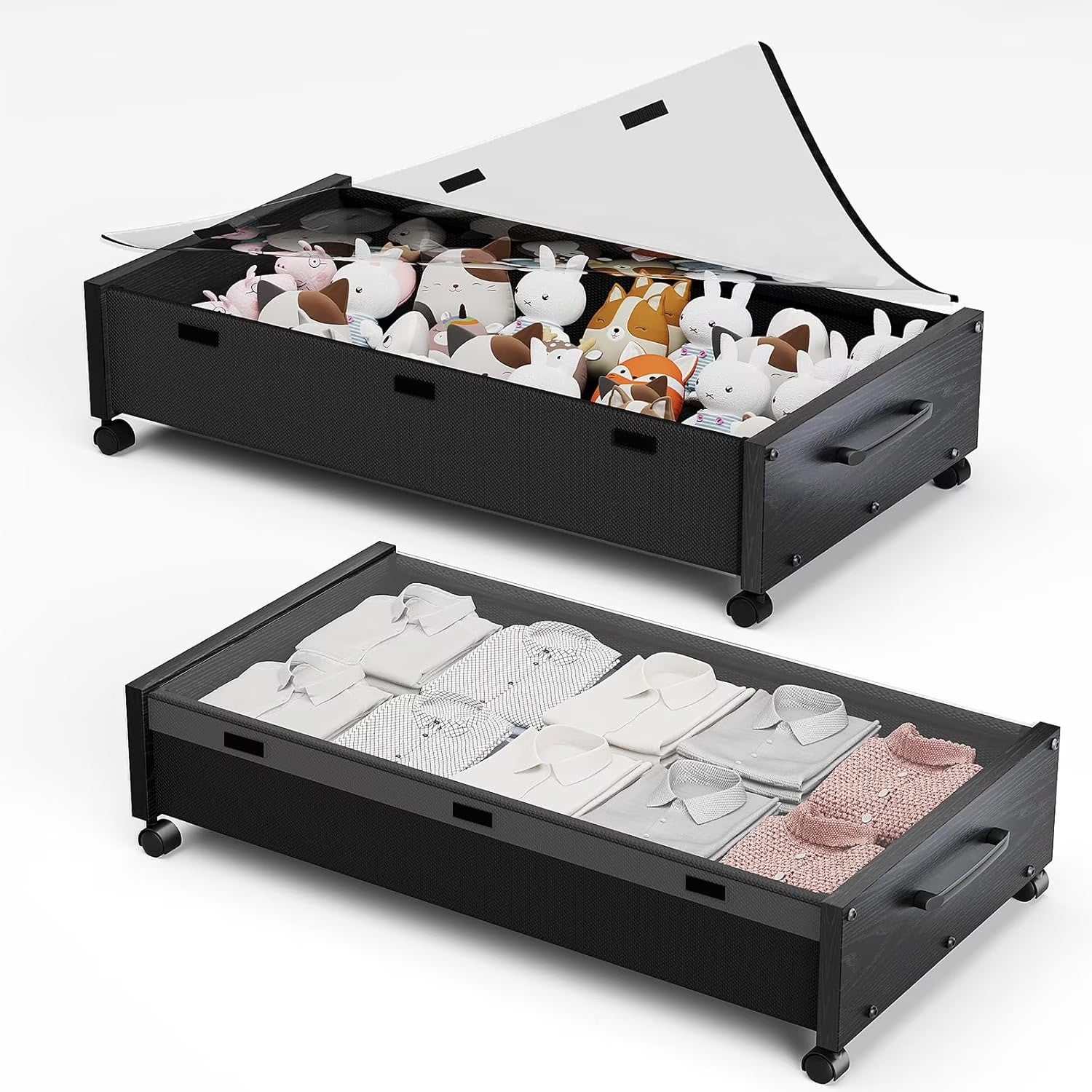 Black Wood 2 Pack Under Bed Storage with Wheels and Removable Lid J340300
