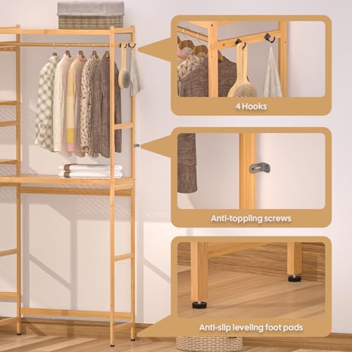 5 Tiers Bamboo Laundry Drying Rack with Adjustable Shelves and 4 Hooks D810036