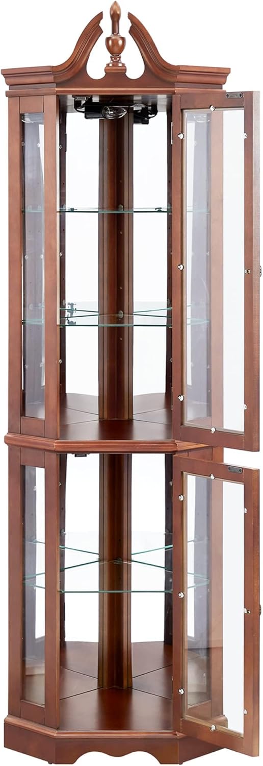Lighted Curio Cabinet with Curved Top Finial, Wooden Corner Display Cabinet with Adjustable Tempered Glass Shelves O11745