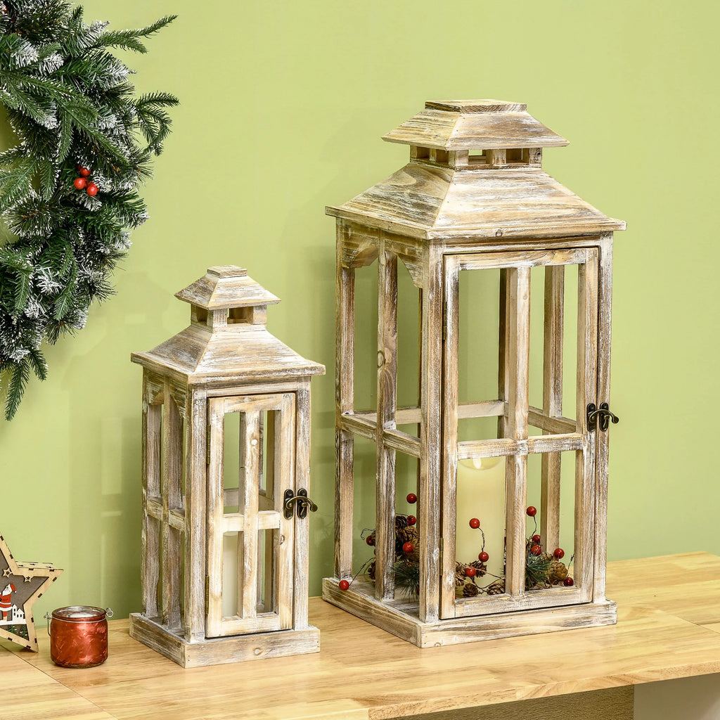 2 Pack Large Rustic Wooden Lantern Decorative, Natural B475309