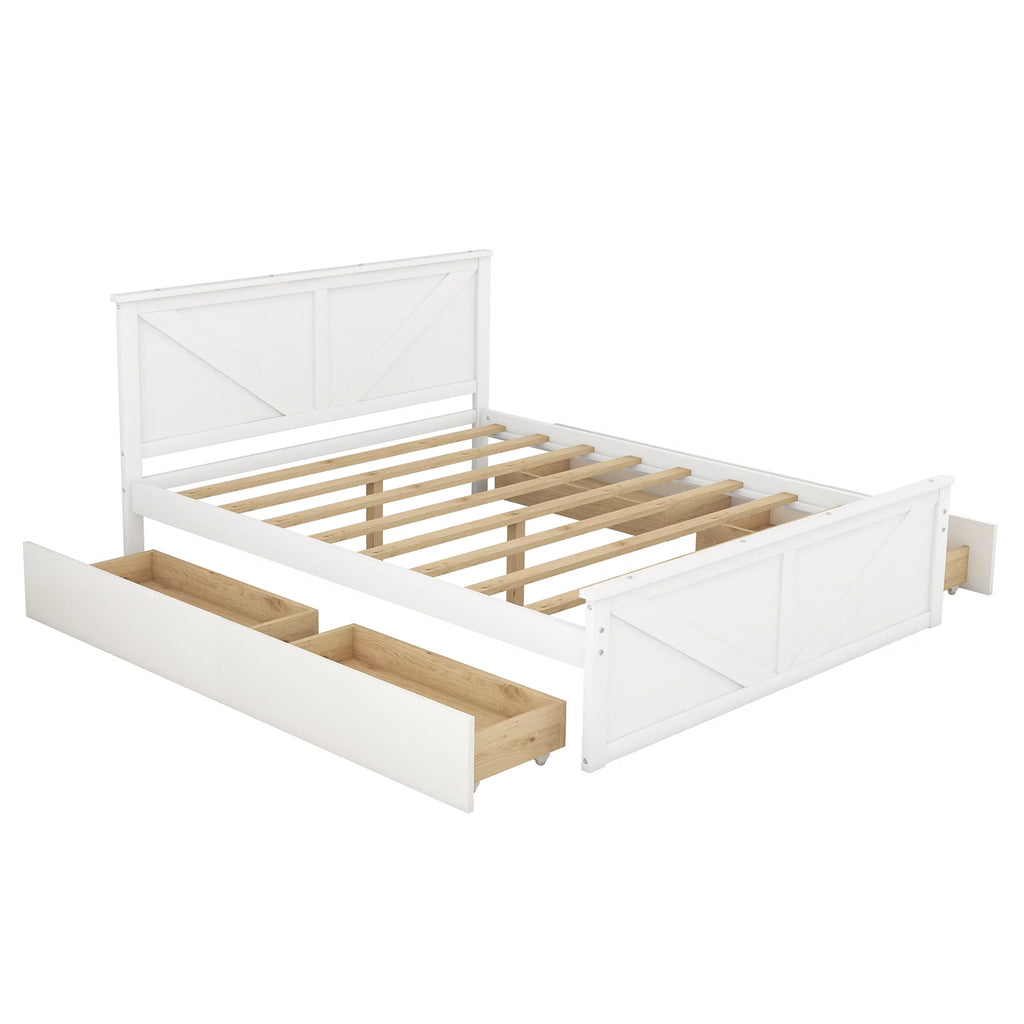 White Queen Platform Bed Frame with 4 Storage Drawers K547