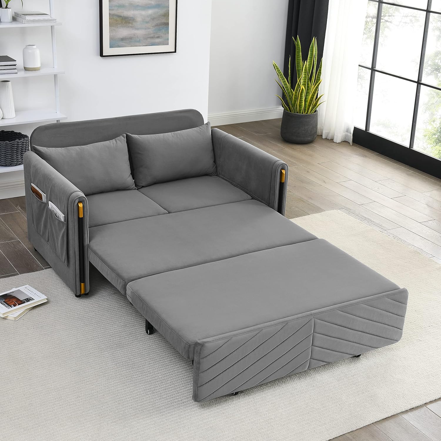 Gray Velvet Convertible Sofa with Pull Out Bed K844