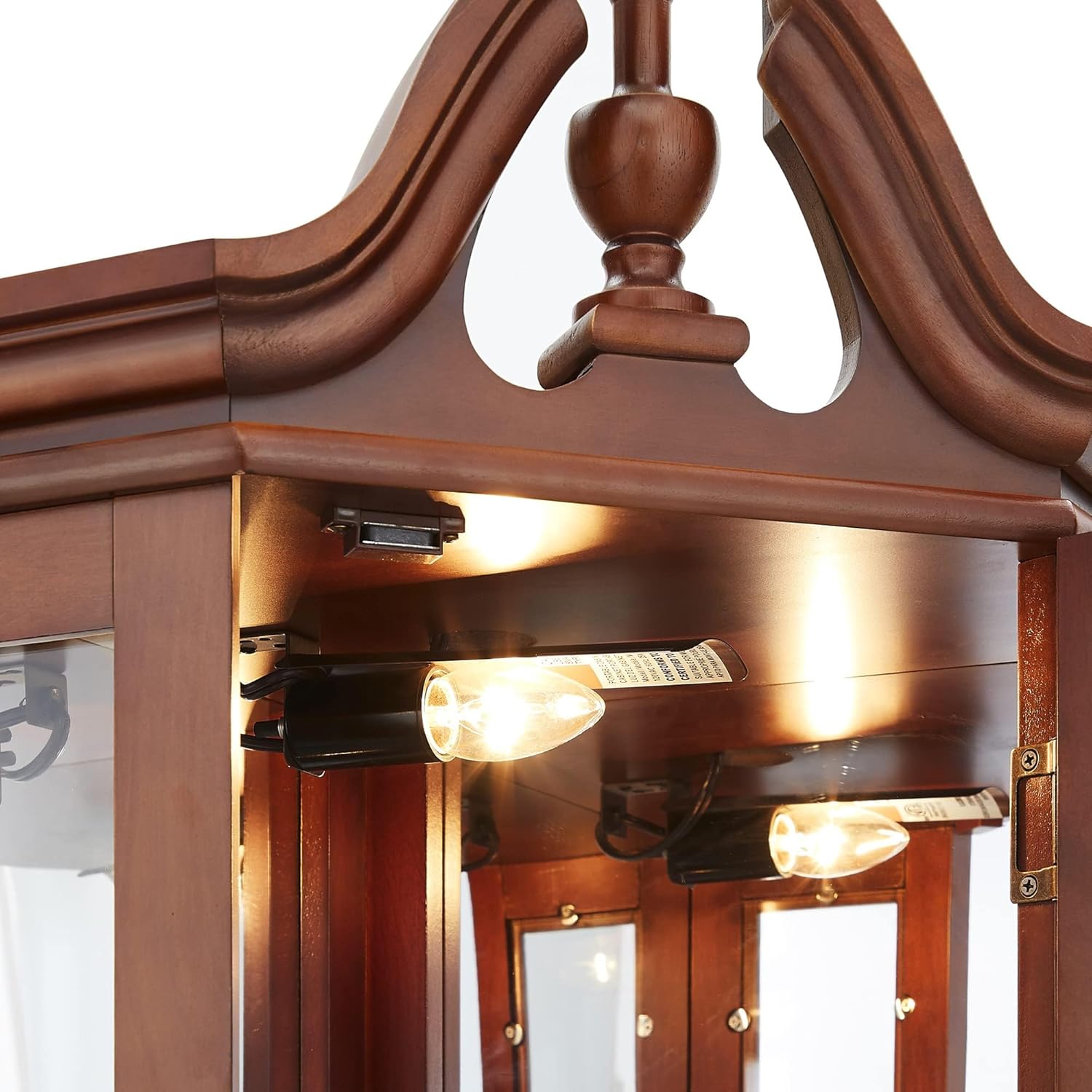 Lighted Curio Cabinet with Curved Top Finial, Wooden Corner Display Cabinet with Adjustable Tempered Glass Shelves O11745