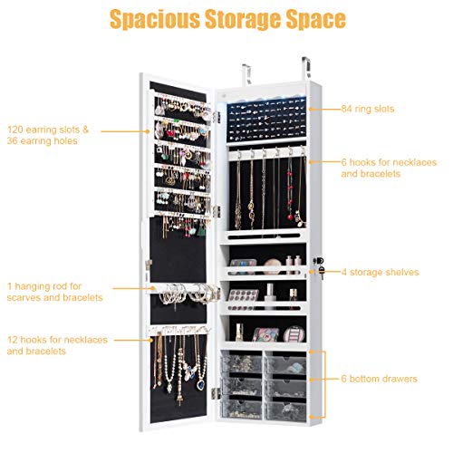 White Wall Mount Lockable Jewelry Cabinet Armoire with Full Length Mirror and 5 Lights U150870