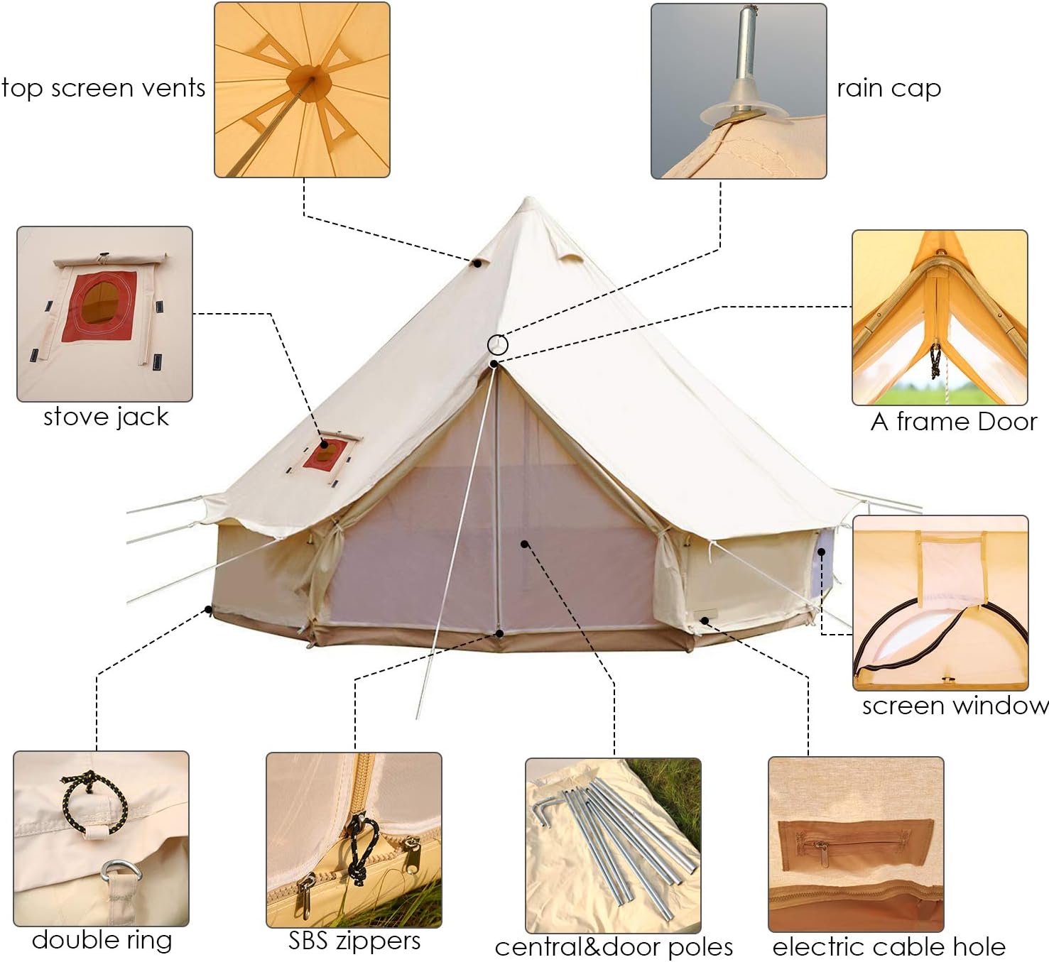 4 Season Cotton Canvas Bell Tent with Stove Jack Hole A239603