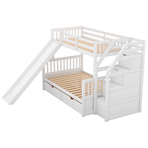 Twin Over Full Solid Wood Bunk Bed with Slide and Stairs D861371