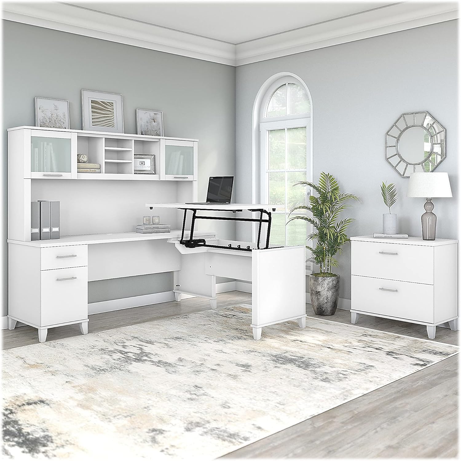 White 3 Position Sit to Stand L Shaped Desk with Hutch and File Cabinet L570450