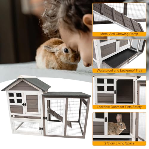 Grey 2-Story Fir Wood Rabbit Hutch with Pull Out Tray G6878