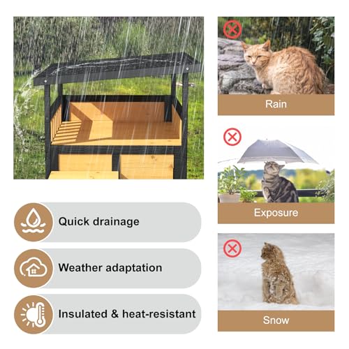 Outdoor Cat House Weatherproof Two Story Feral Cat Shelter with Escape Door Wood Dog Condo for Small Medium Pets Pull-Out Bottom Scratching Mat Included Black and Earthy Yellow F892775