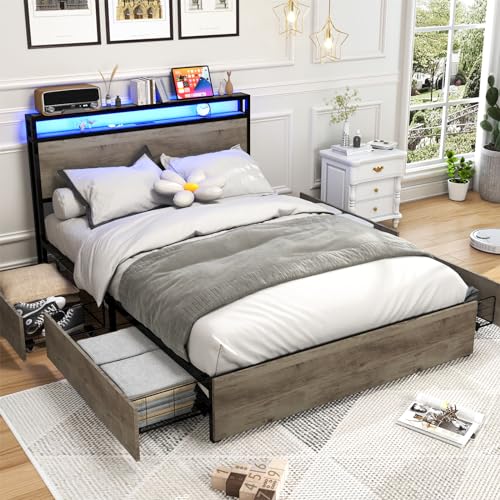 Gray Queen Size Bed Frame with 4 Storage Drawers and LED Headboard L766253