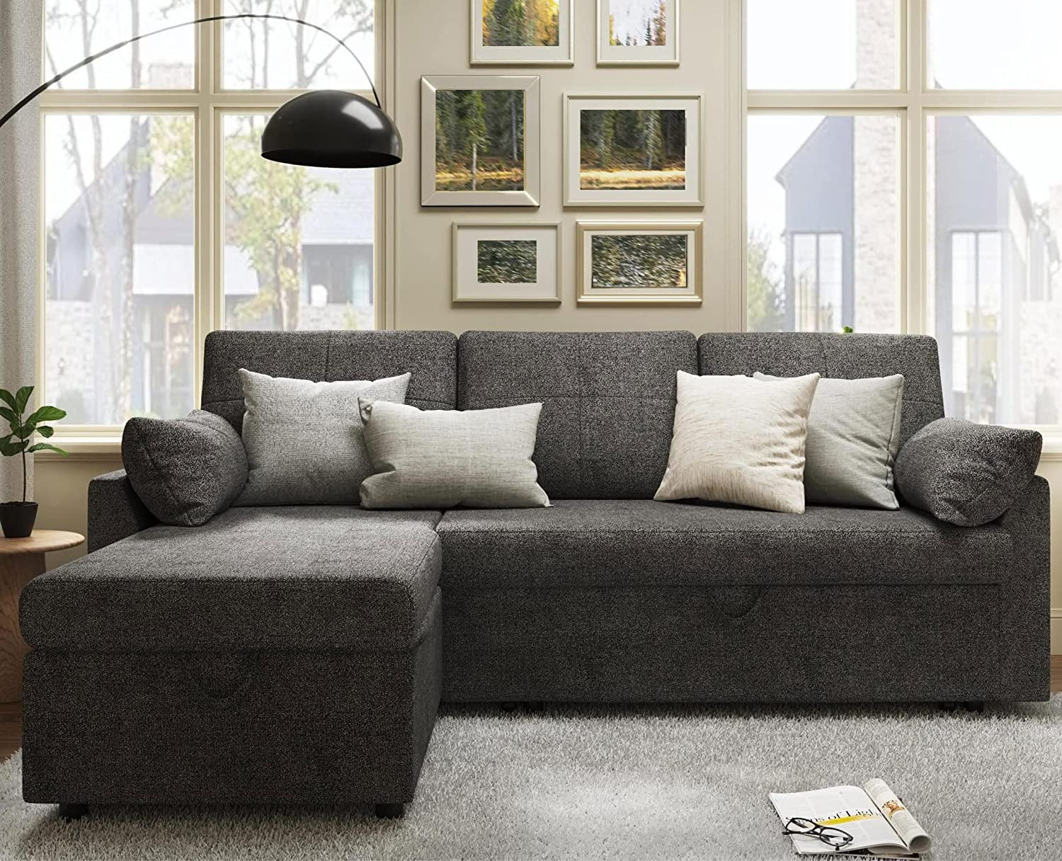 Gray Chenille Sleeper Sofa with Storage Chaise H5086
