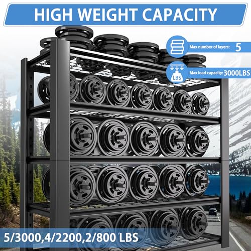 5-Tier Heavy Duty Metal Garage Shelving Unit with Wire Shelves, 3000 LBS Capacity, 76"H x 60"W x 24"D, Adjustable Boltless Steel Shelves D9242