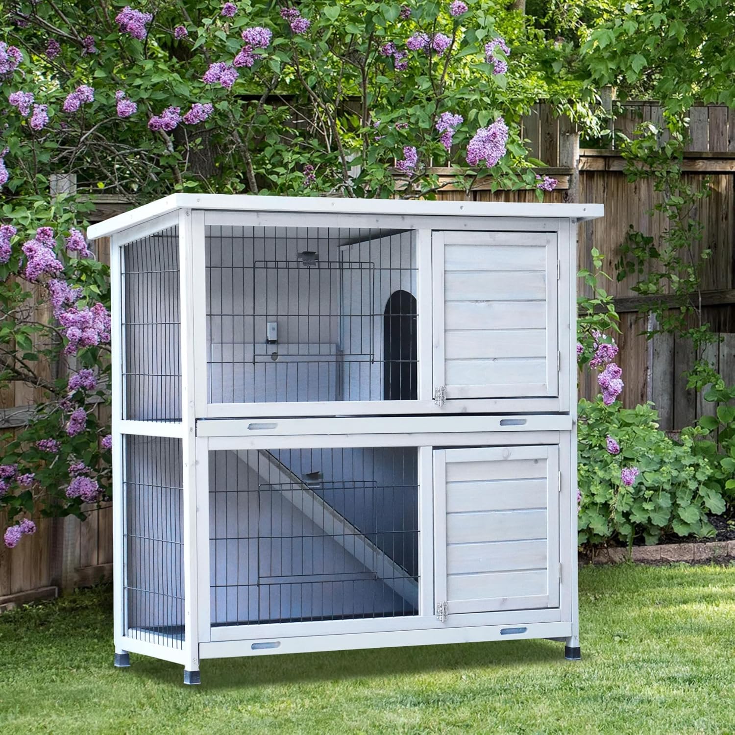 White 2-Story Large Rabbit Hutch with 2 Removable No-Leak Trays Q496483