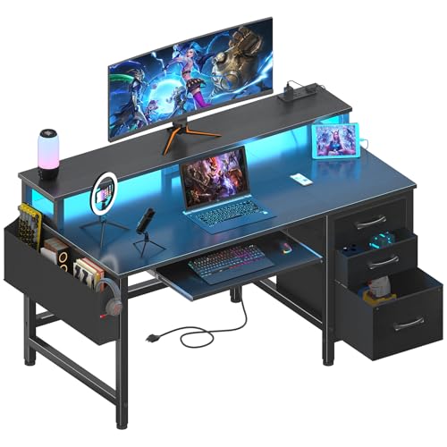 Rustic Brown Computer Desk with File Drawers Cabinet, Keyboard Tray, LED Lights and Power Outlets, Monitor Stand X53160