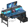 Rustic Brown Computer Desk with File Drawers Cabinet, Keyboard Tray, LED Lights and Power Outlets, Monitor Stand X53160