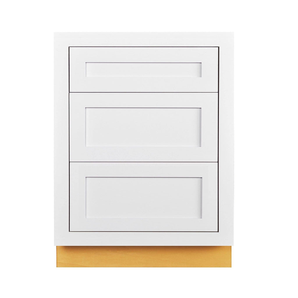24 inch Wide Three Drawer Base Kitchen Cabinet Snow White Inset Shaker W3618