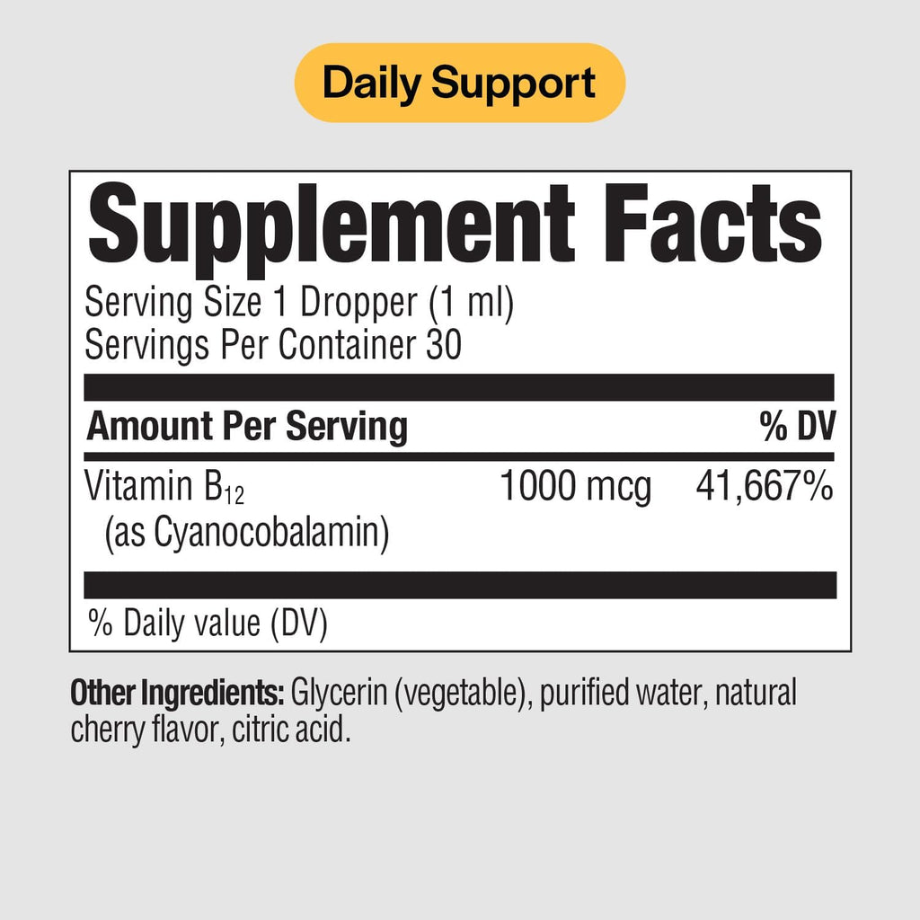Liquid B12 1000 mcg Natural Cherry Flavor B12 Sublingual Drops Non-GMO Allergen-Free 1 fl. Oz. M27249