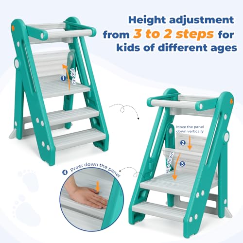 Foldable Adjustable Toddler Kitchen Stool with Handles Non-Slip Blue Grey M586
