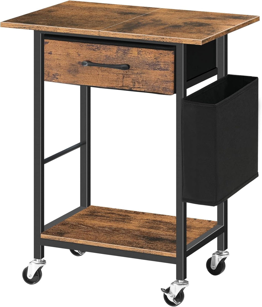 Rustic Brown Rolling Printer Cart with Storage Drawer C741