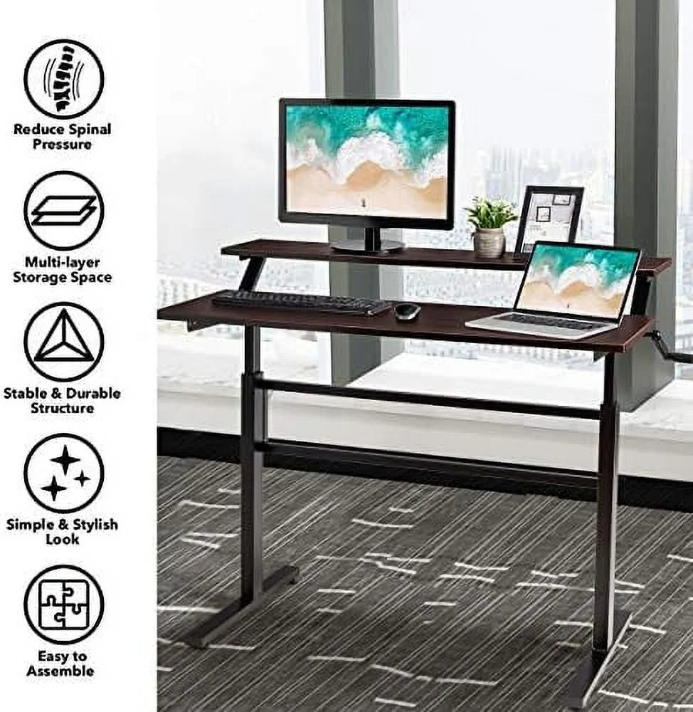 2-Tier Height Adjustable Standing Desk with Monitor Stand (Brown) Y293