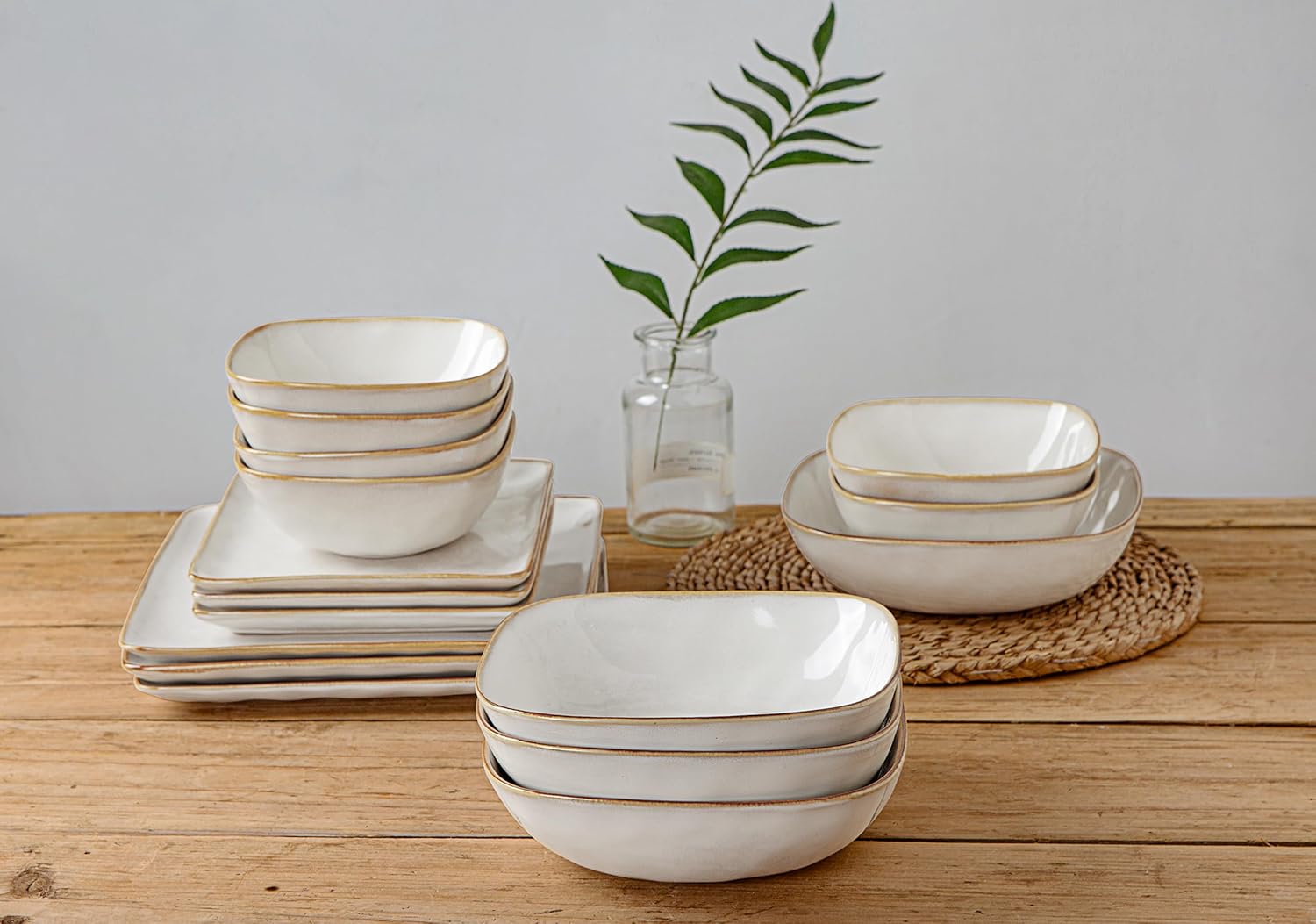 16-Piece Dinnerware Set, Square Plates and Bowls, Cappuccino White D410578