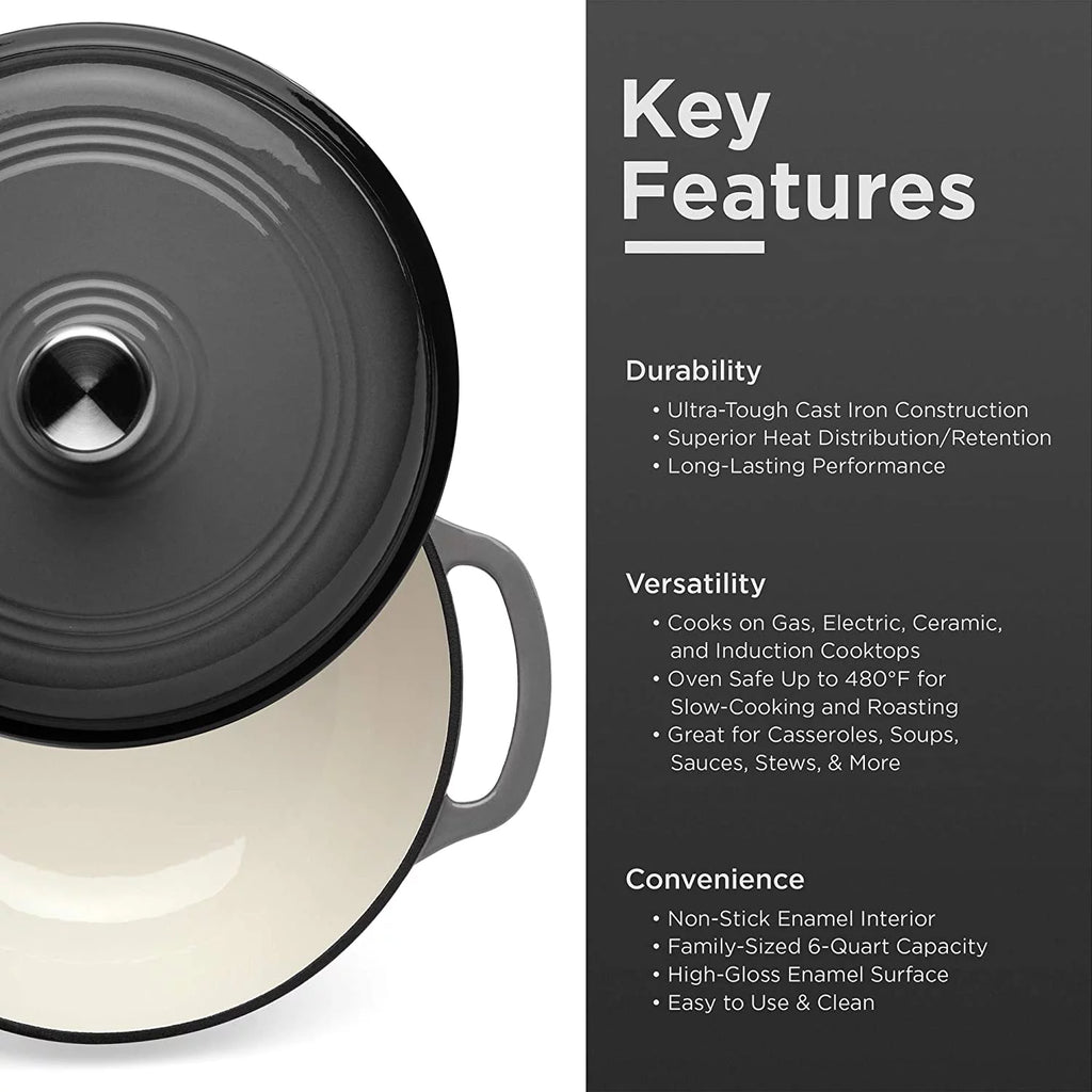 6qt Ceramic Non-Stick Cast Iron Dutch Oven with Enamel Coating, Gray V97189