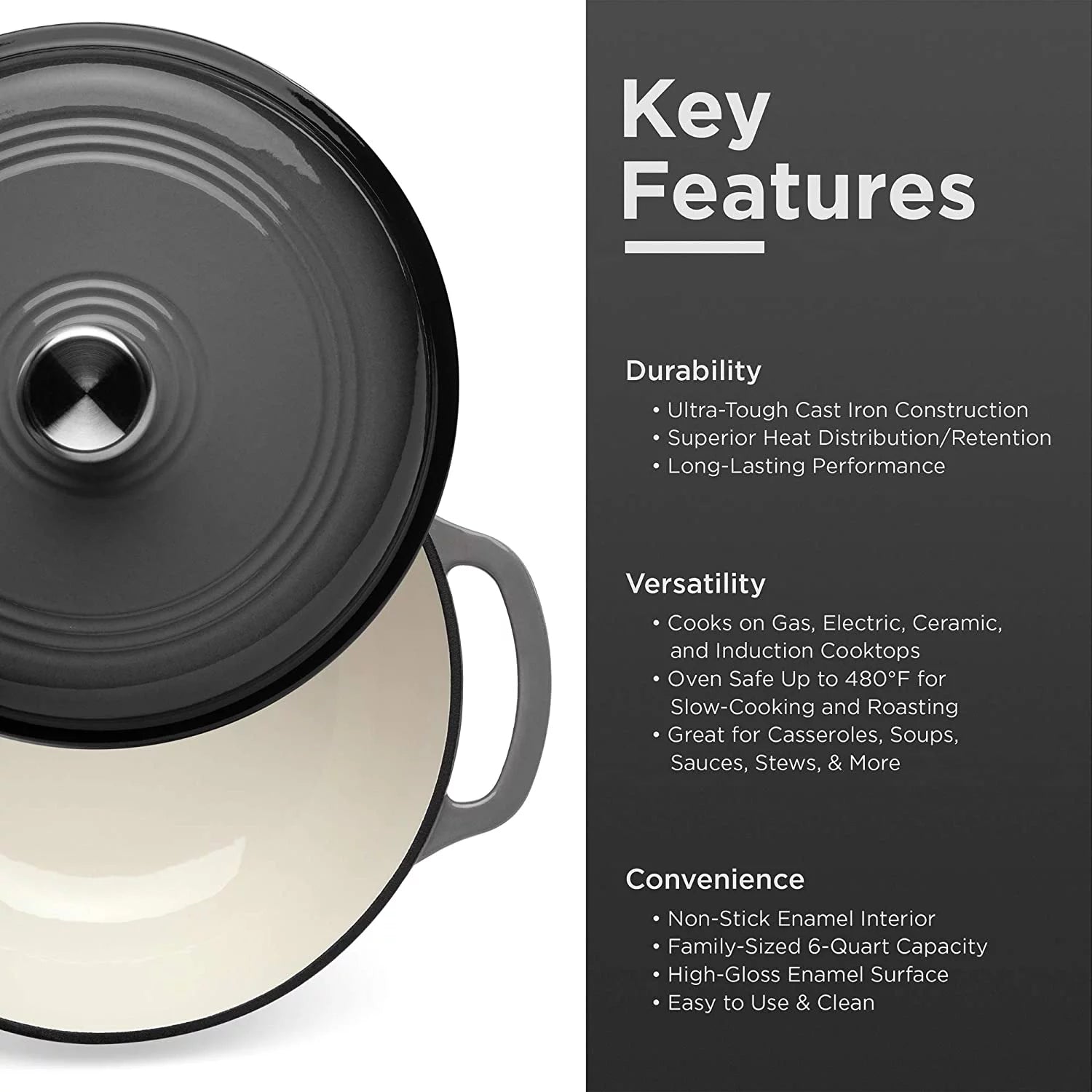6qt Ceramic Non-Stick Cast Iron Dutch Oven with Enamel Coating, Gray V97189