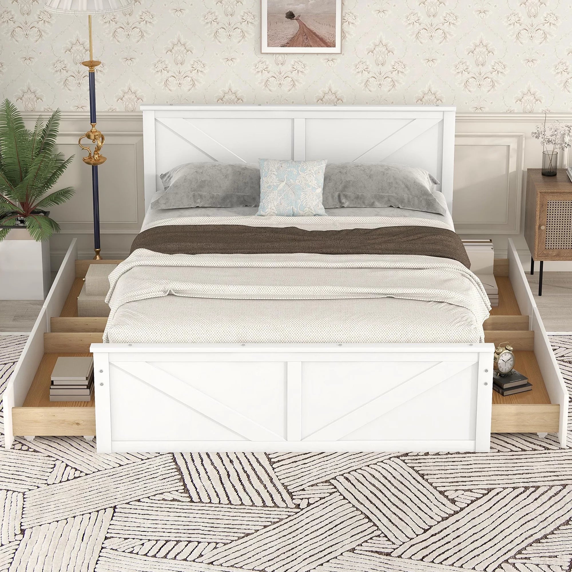 White Queen Platform Bed Frame with 4 Storage Drawers K547