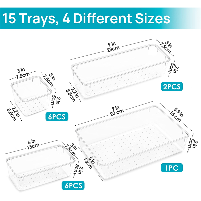15PCS Clear Plastic Drawer Organizer Set Storage Bins E206
