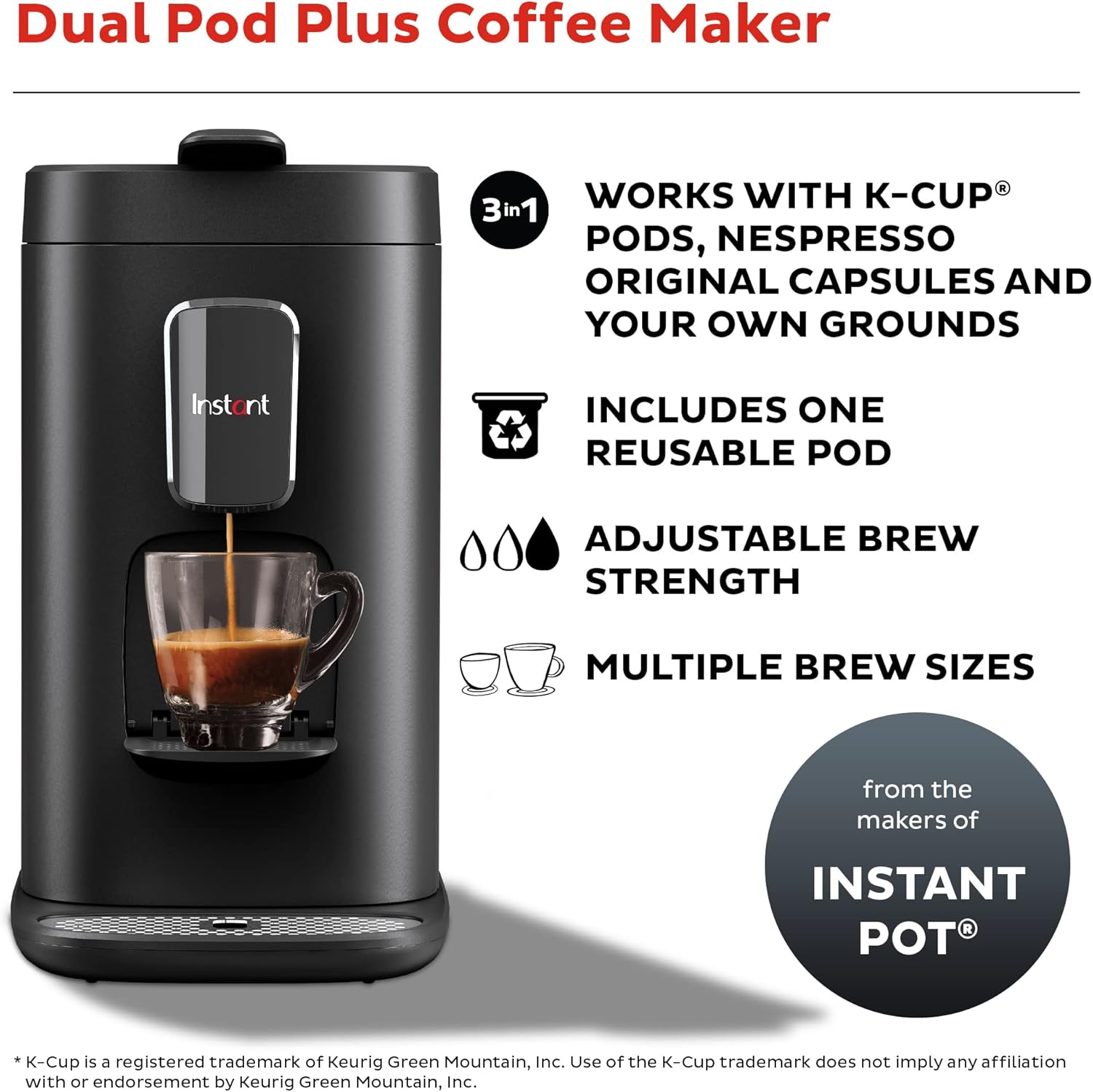 3-in-1 Espresso, K-Cup Pod and Ground Coffee Maker with Reusable Coffee Pod, 2 to 12oz Brew Sizes, 68oz Reservoir H39634